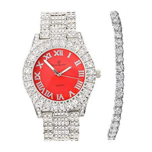 Women's Big Rocks Bezel Colored Dial with Roman Numerals Fully Iced Out Watch and Matching Beautiful Sparkling Tennis Bracelet Set - ST10327LA (TLA Silver - BrightRed)