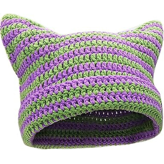Women's Crochet Beanie, Vintage Cat & Fox Design, Slouchy Style Grunge Accessories(XX-Purple)