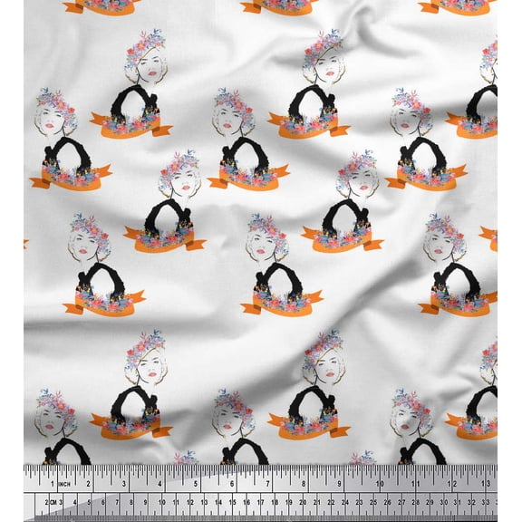 Soimoi Black polyester Crepe Fabric Flowers & Women Human Figure Print Fabric by Yard 42 Inch Wide