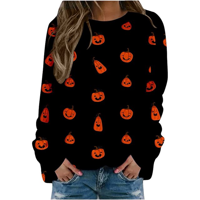 Chandail en Molleton Citrouille Chat pour Femmes Halloween Col Rond Pull Manches Longues Hauts Décontractés Amples