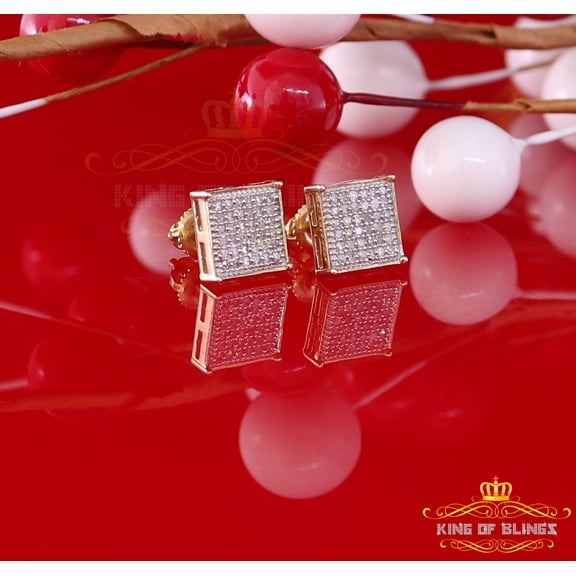 King of Bling's 0.25ct Diamond 925 Sterling Silver Yellow For Men's / Women's Square Earrings