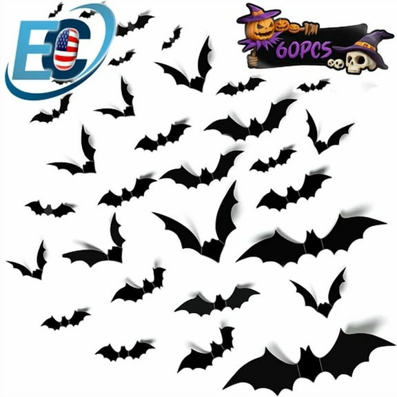QUEST- 60 Pcs Realistic Spooky 3D Bat Wall Stickers For Halloween Party Home Decora Diy