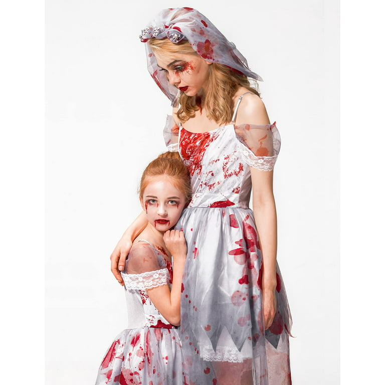 IKALI Adults Women Girls Zombie Bride Halloween Costume with Veil