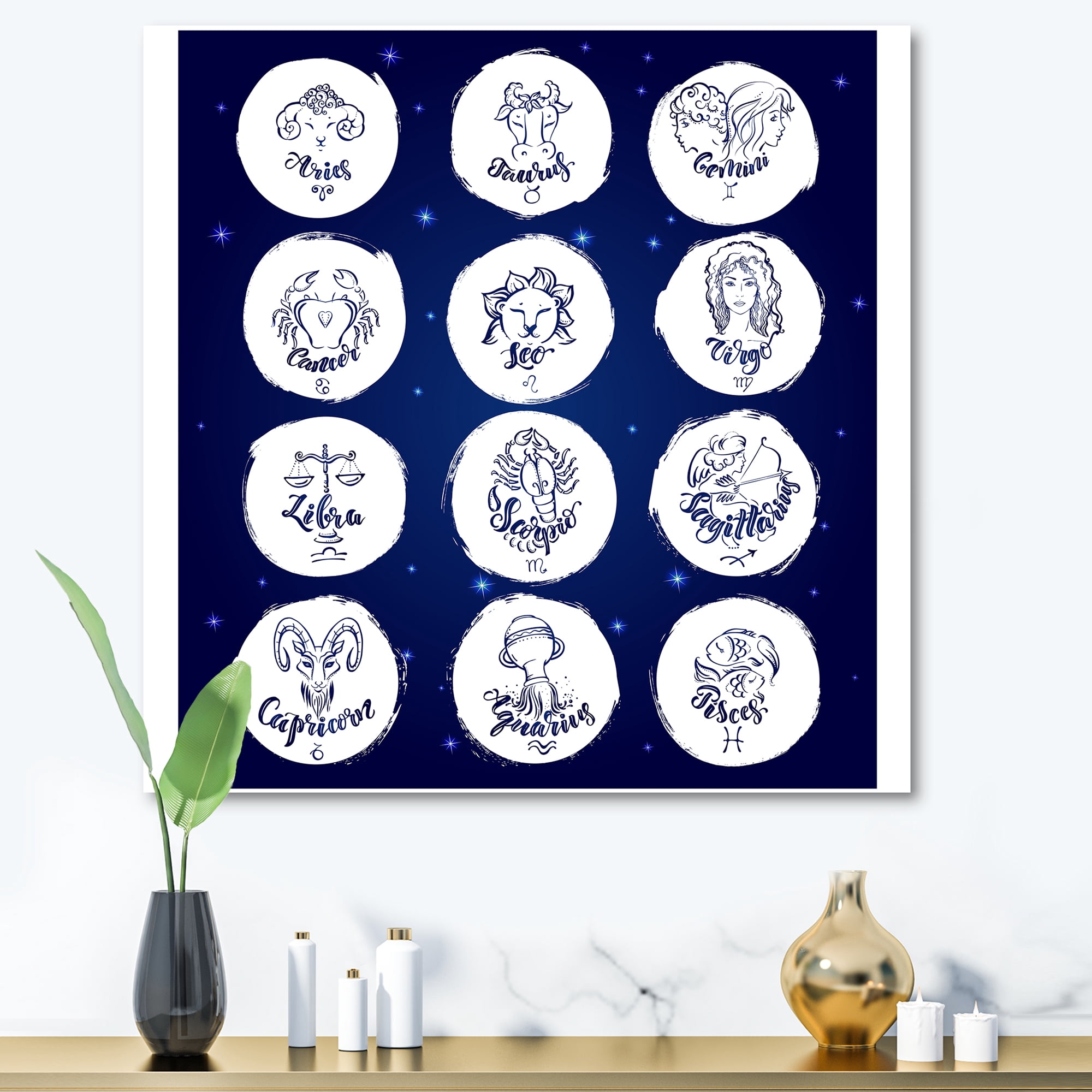 Zodiac Diagram & Signs On Blue 16 in x 16 in Painting Canvas Art Print, by Designart