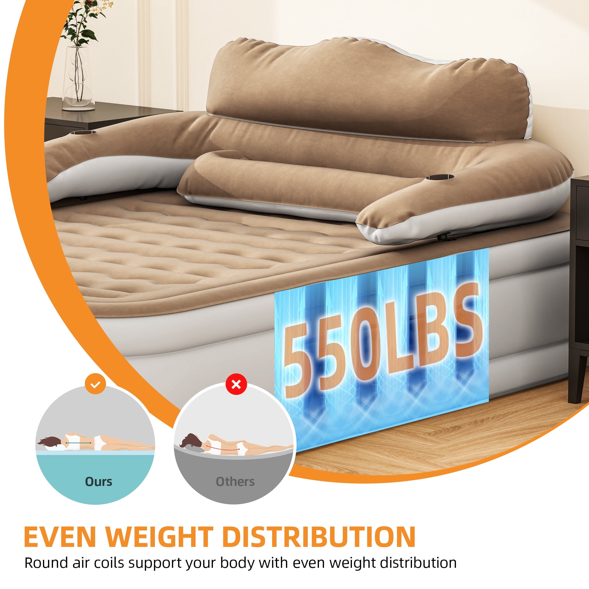Uforic Queen Air Bed featuring Headboard, 18in Inflatable Mattress with Pillow, Portable Electric Pump, Brown - Ideal Queen Air Mattress for Camping & Home Use