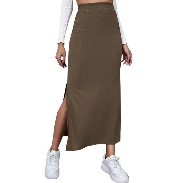 Slit Long Skirt, Bodycon Long Skirt Solid Color Elastic Easy Matching For Vacation Green,Red,Brownness,Brown,Black