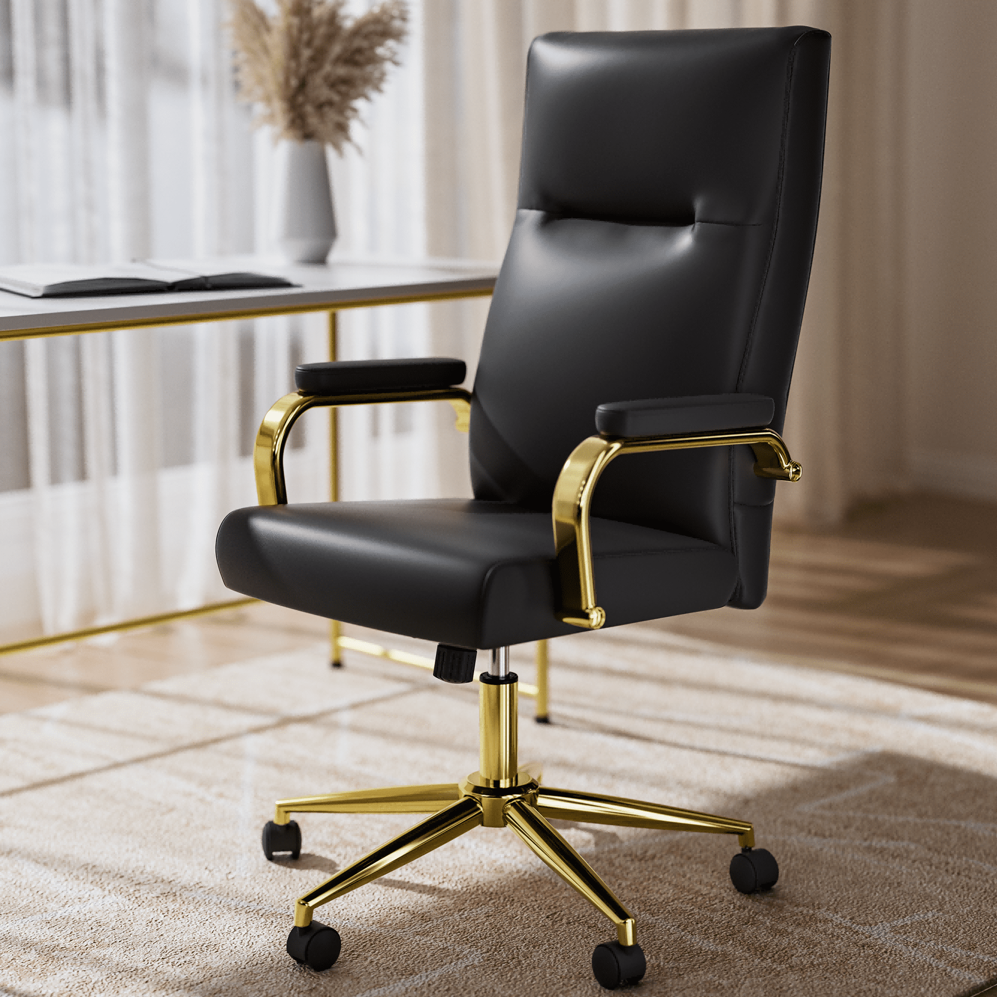 HomeZeer Black and Gold Office Chair, Swivel High Back Executive Office Chair with Wheels and Arms, Memory Foam Leather Adjustable Height Computer Desk Chairs for Home Office