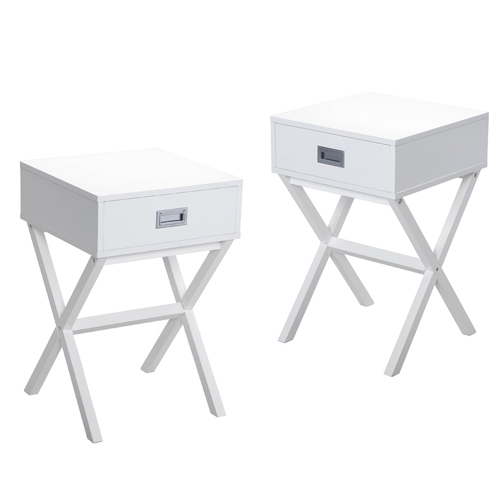 Kepooman 2-PCS Nightstand, X-Leg End Table, Side Table, Wood Accent Table with Storage for Bedroom, White