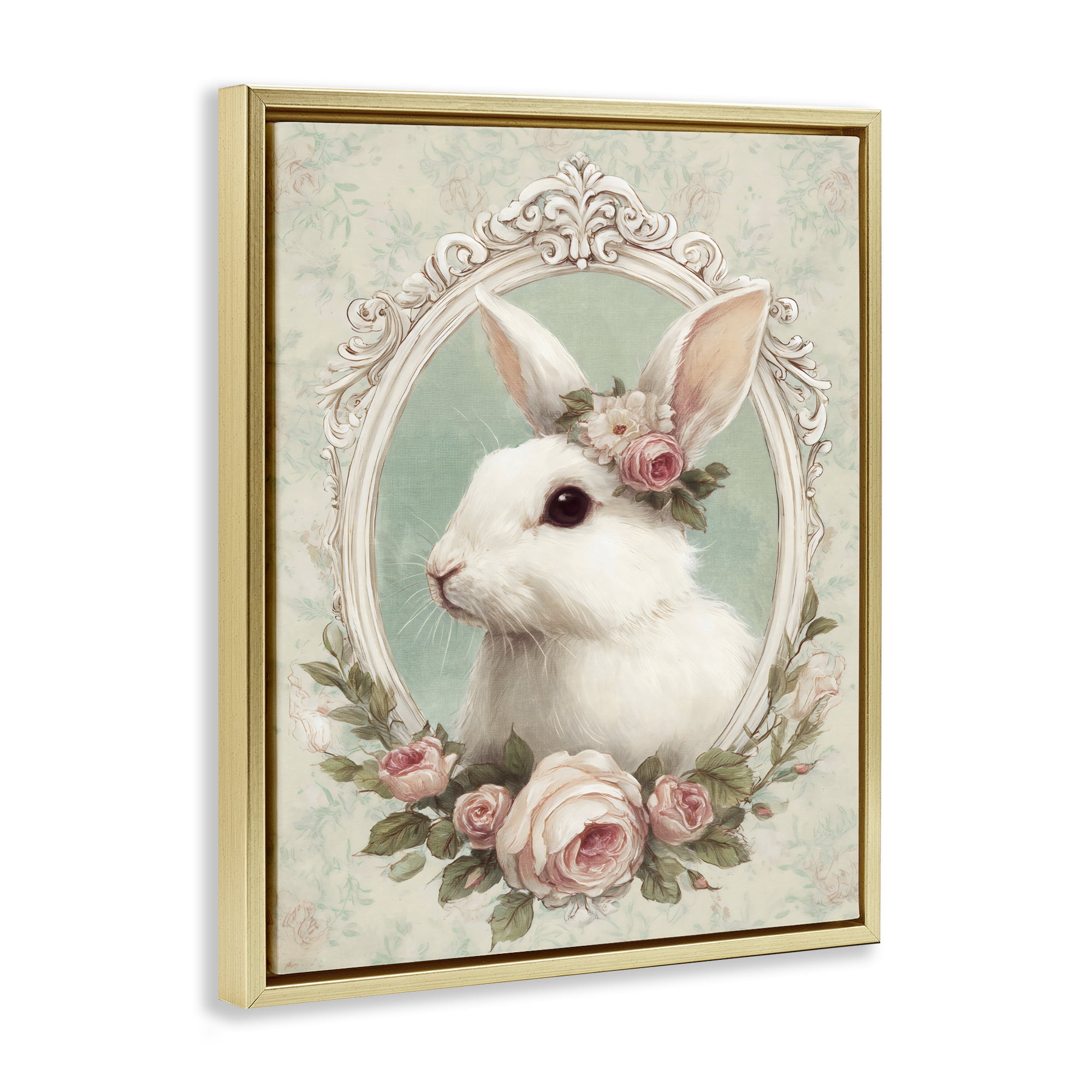 Stupell Industries Flower Fringed Bunny Portrait Gold Framed Floater Canvas Wall Art, design by Ink Drop Loft