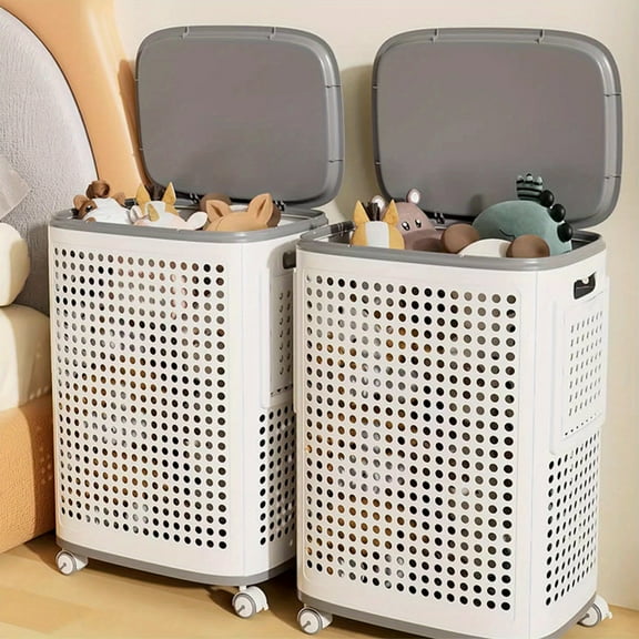 Heavy-Duty Laundry Cart with Wheels, Multi-Compartment Mobile Basket Grey White