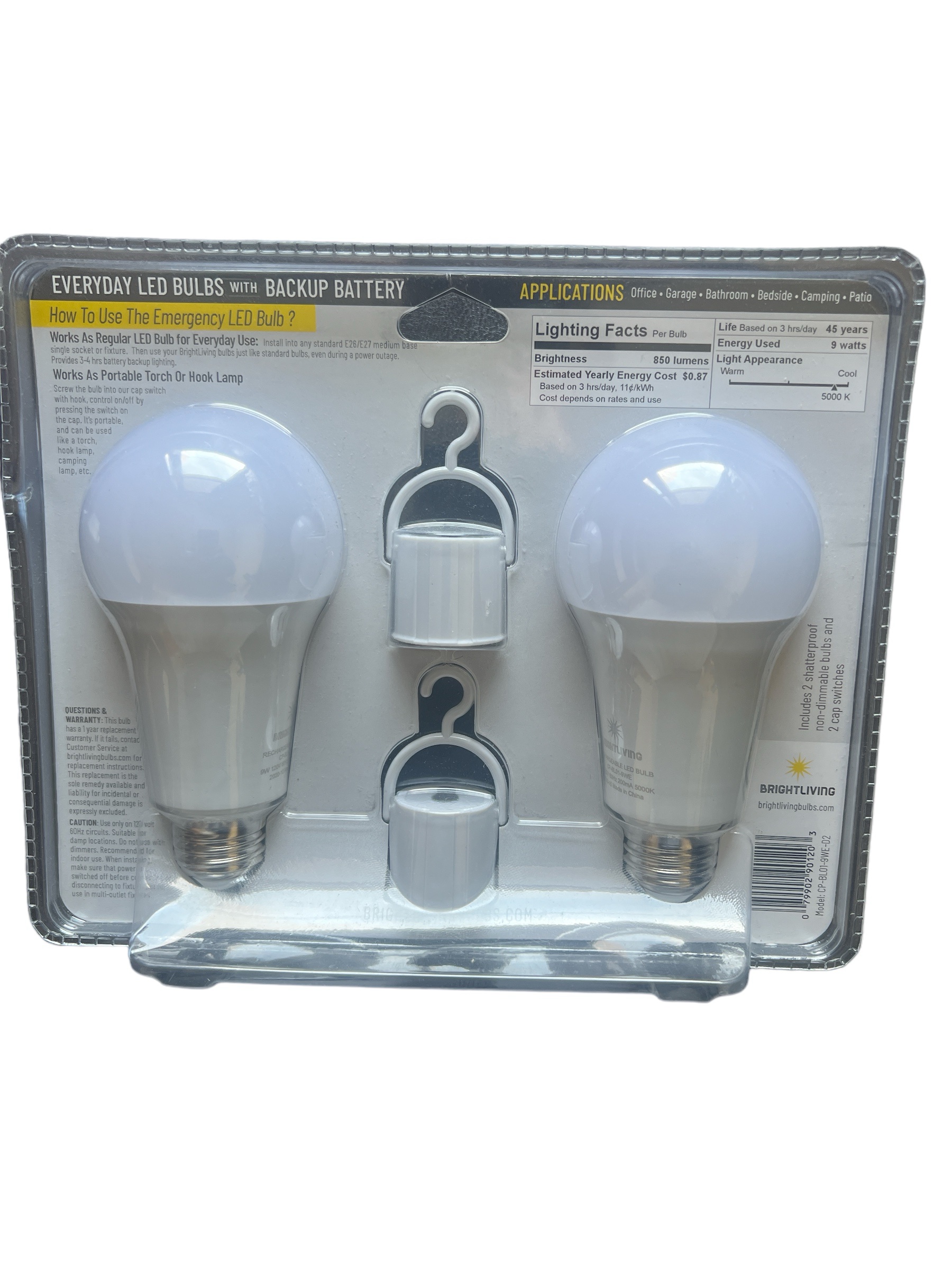 BRIGHTLIVING Rechargeable LED Emergency Light Bulbs 2 Pack