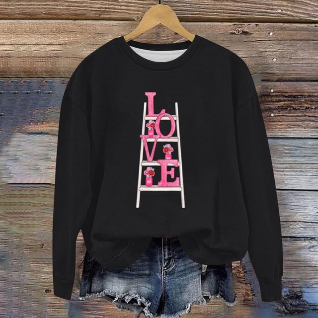 Chandails à Capuchon pour Femmes Mode Sweat à Capuche Imprimé Lettres de la Saint-Valentin Manches Longues Ample Col Rond
