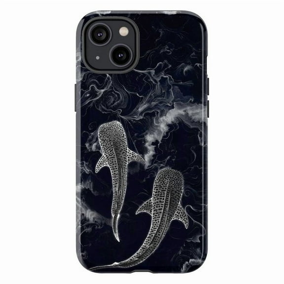 Whale Shark Couple Ocean Marble Phone Case for iPhone 16 15 14 13 12 11 Pro Max – Deep Sea Aesthetic iPhone Cover, Dark Marine Style Gift for Nature Lovers