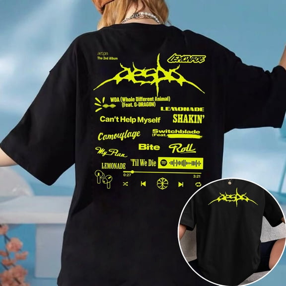 2 Sided Aespas W-DA Whole Different Animal Graphic T-Shirt, Y2K Streetwear Style Tee, MHS01