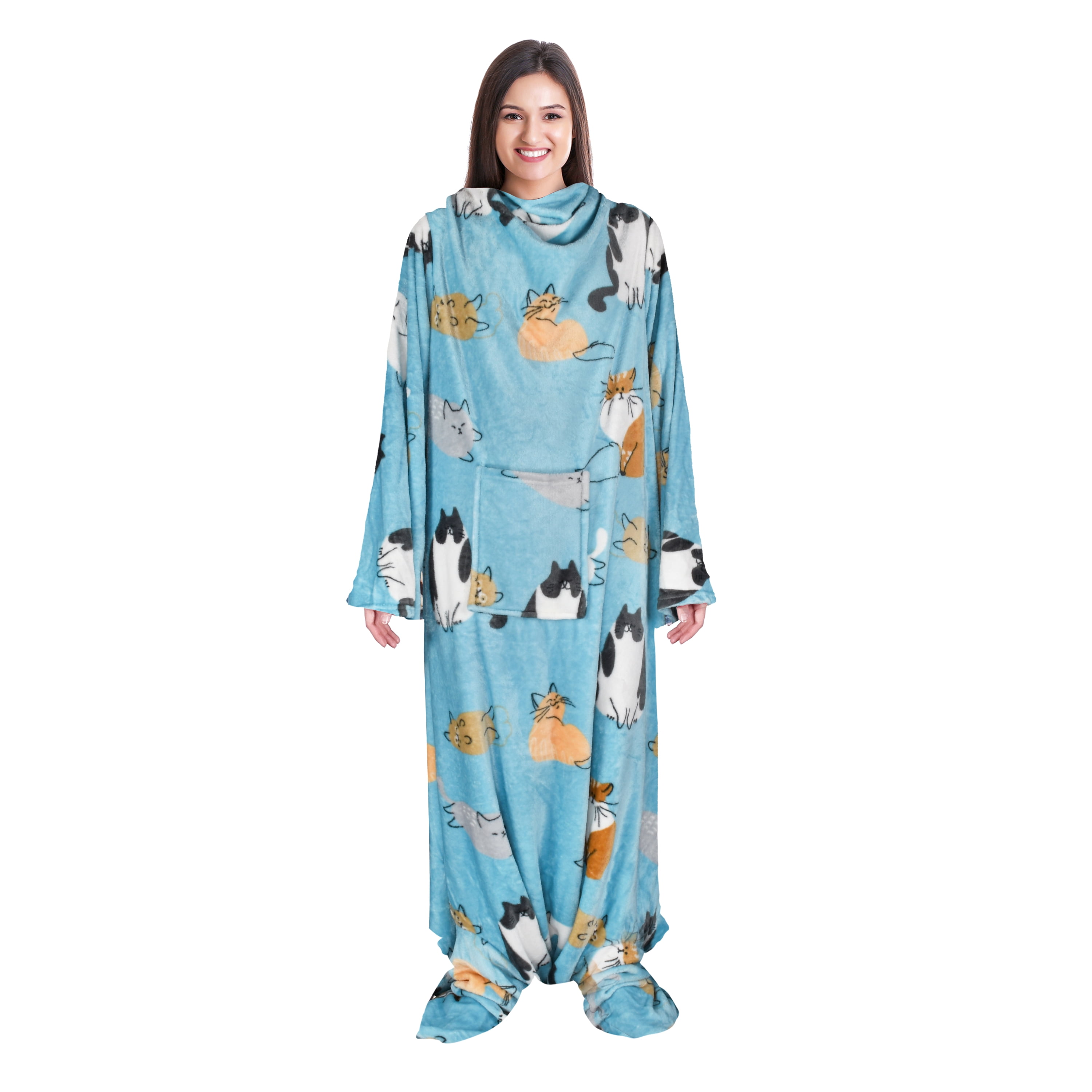 Catalonia Wearable Fleece Blanket with Sleeves and Foot Pockets for Adult Women and Men, Micro Plush Comfy Wrap Sleeved Throw Blanket Robe, Large, Blue Cat