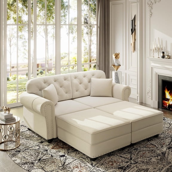 63'' Velvet Chesterfield Sofas, Oversized Chaise Lounge, Loveseat with 2 Ottomans, Comfy Sleeper Sofa Bed, Tufted Back Modular Sectional Couch, 2 Pillows for Living Room, Apartment, Beige