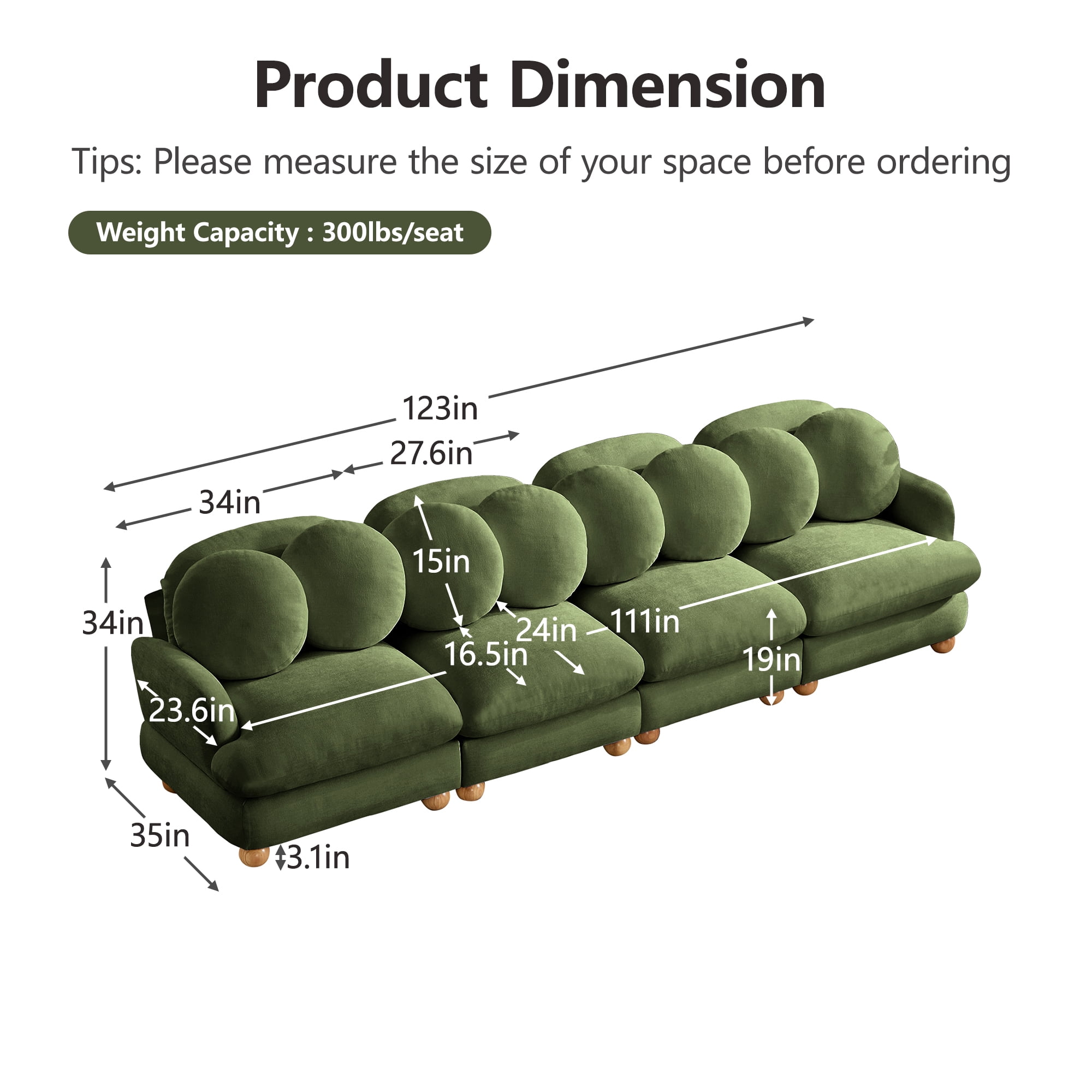 123" Large Chenille Modular Sectional Sofa 4 Seater Deep Seat Couch with 8 Throw Pillows