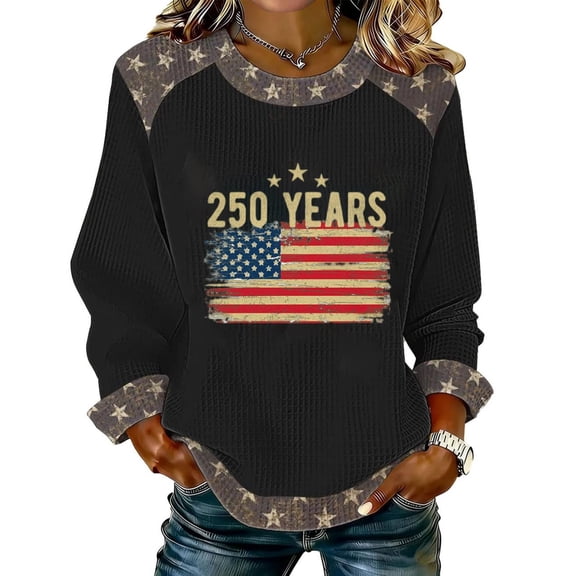 Womens Long Sleeve Crewneck Top 250 Years Printed Pullover Vintage Flag Graphic Casual Loose Fit Sweatshirt for Everyday Wear Black L