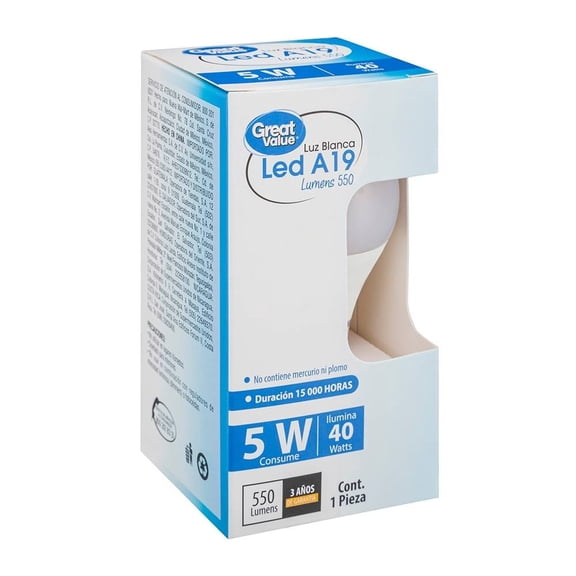Foco LED Great Value Tipo A19 Luz Blanca 5W