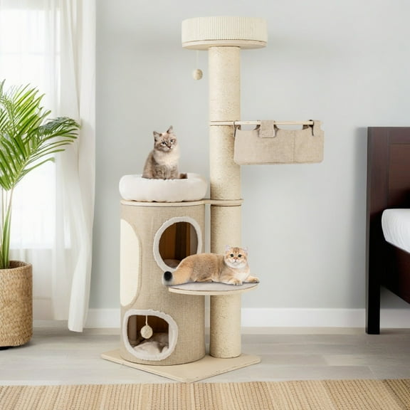 Demi Bonn 61" Cat Tree with Scratching Post, Cat Tower with with 2 Stoery Cat Condo and Top Perch, Multi-Platform Cat Tree House, Beige