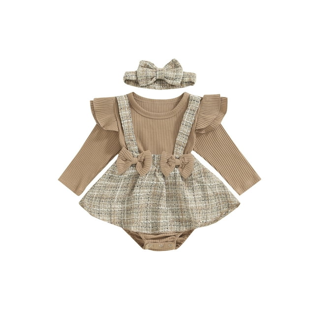 Nituyy Robe Barboteuse d'Automne pour Bébés Filles en Tweed Côtelé Patchwork à Manches Longues Col Rond avec Bandeau Nœud