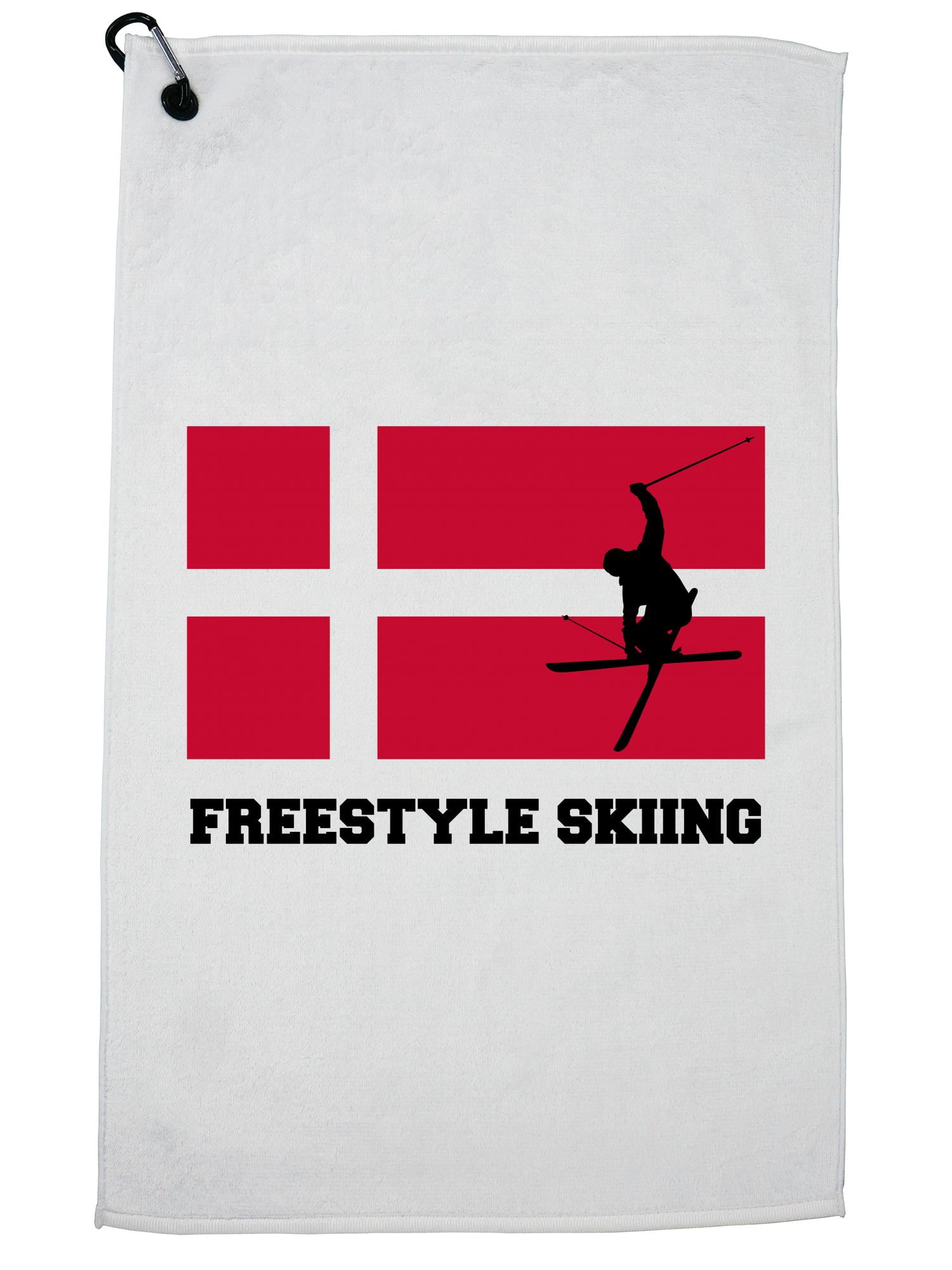 Denmark Olympic Freestyle Skiing Flag Silhouette Golf Towel with Carabiner Clip by Hollywood Thread