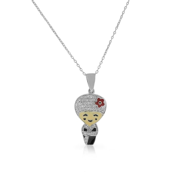 925 Sterling Silver Red Black Enamel White Clear CZ Kimono Geisha Pendant Necklace, 18"