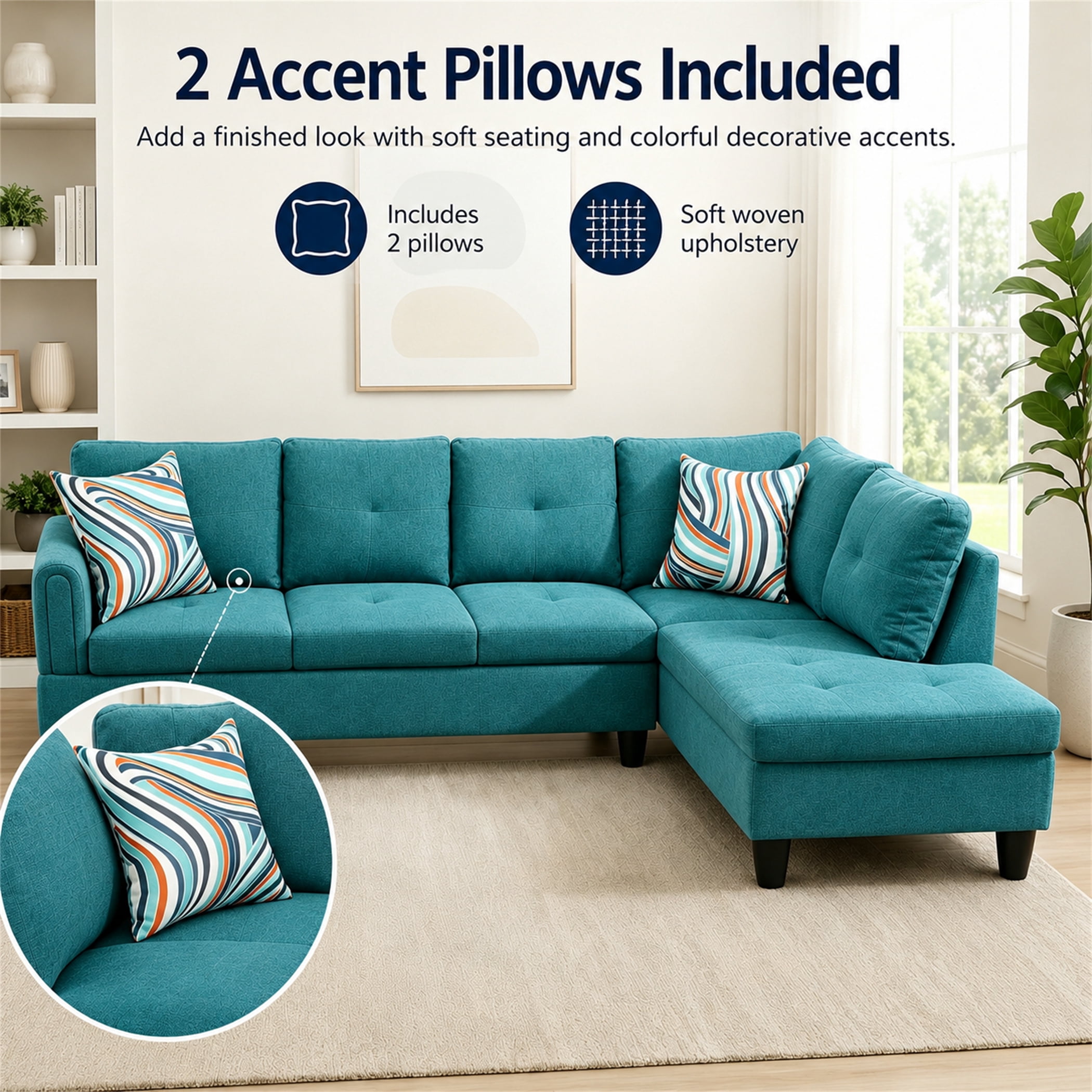 Aukfa 97" Classic Sectional Sofa 4 Seat L shape Couch with Oversized Right Chaise for Living Room, 2Pillows, Linen, Aqua Blue