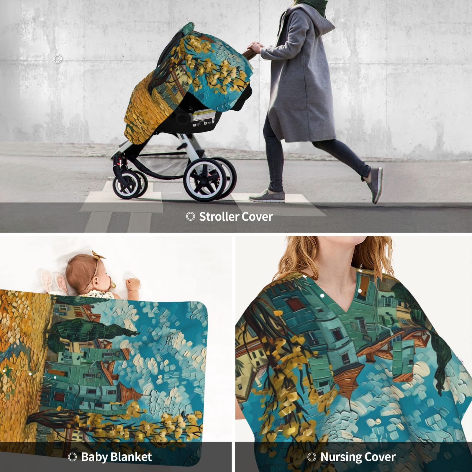 Car Seat Cover Baby - Impressionist Village Sky Breathable Infant Car Seat Cover for Baby Carseat, Lightweight Comfort Baby Essentials Must Haves Newborn Stuff for Girl Boy