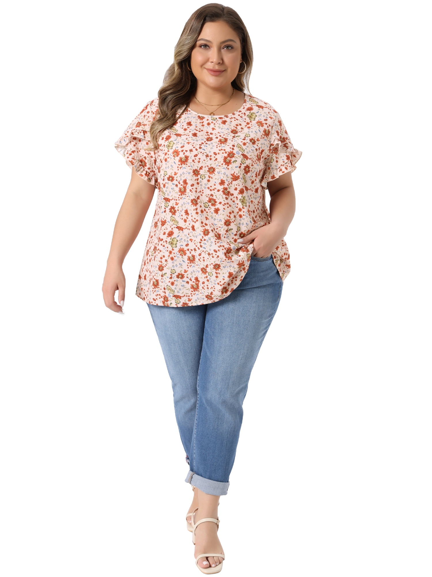 DARING DIVA Women's Plus Tulip Sleeves Crew Neck Floral Print Tops 3X Pink
