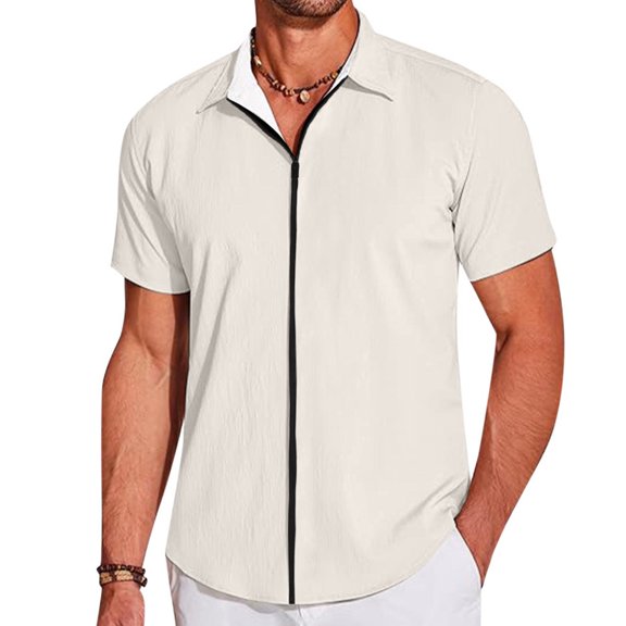 Mens Shirts Short Sleeve Solid Color Zip Up Slim Fit Lapel Casual Summer Shirt Beige XXL