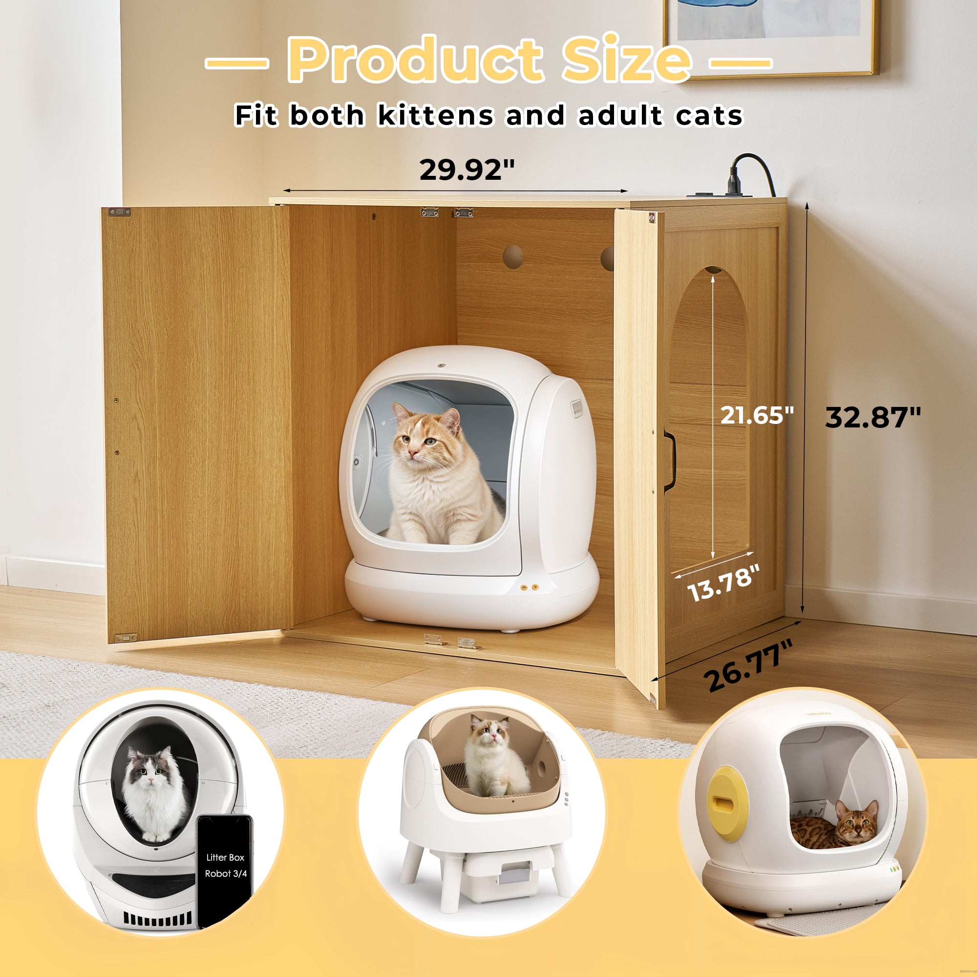 JanflyHome Cat Litter Robot Enclosure Cabinet, Litter Box Enclosure Furniture with Charge Station, Wood