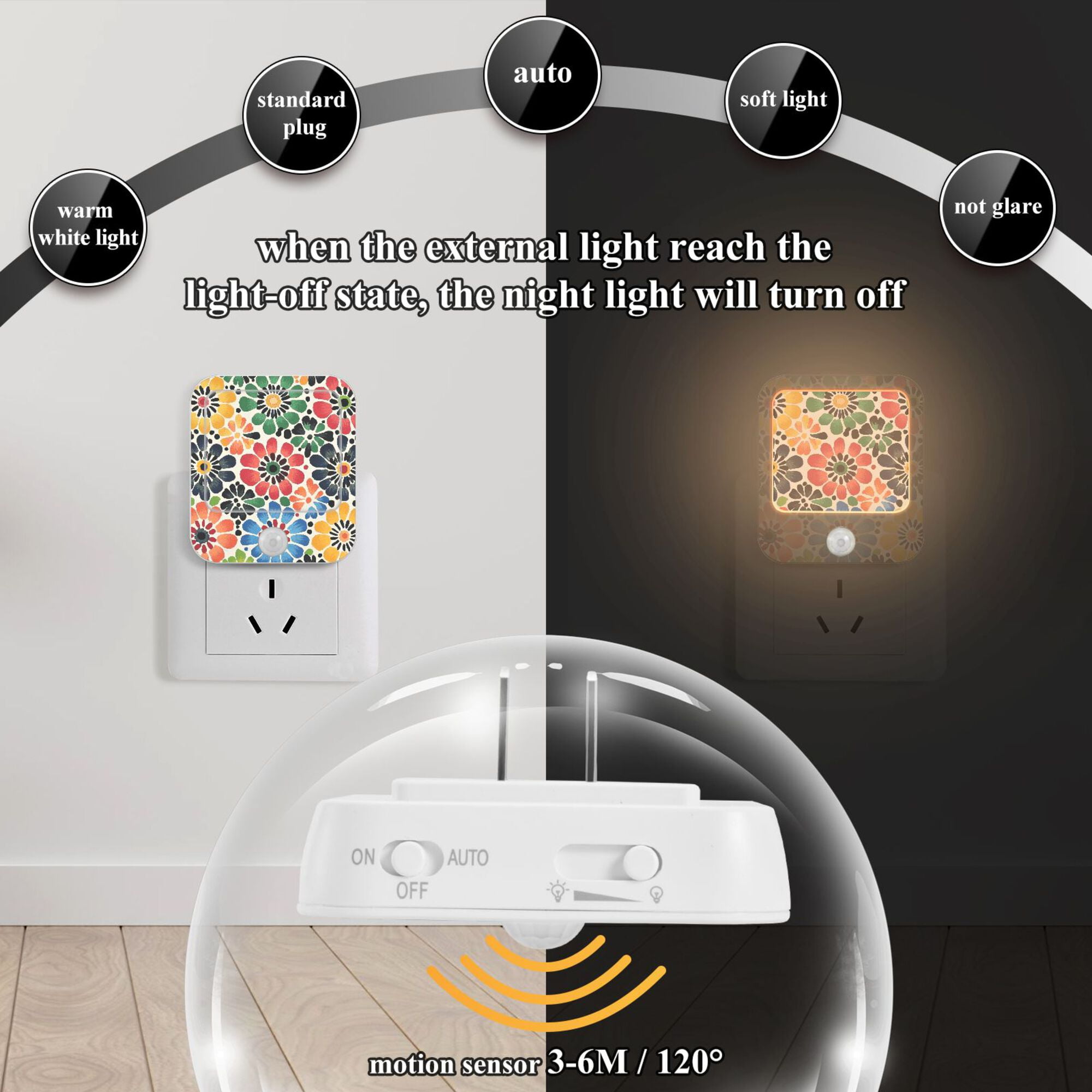 Yayeee LED Night Lights with Motion Detectors Auto Dusk to Dawn Light Sensors, 2 Pack, Dark Floral