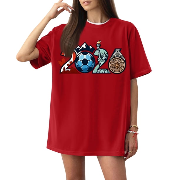 Women's Football Graphic T-Shirt, Women's Soccer Letter Print Short Sleeve T-Shirt - Casual Summer Neck Top for Sports Fans, Everyday Wear for Soccer Tournament 2026 Red Size: M