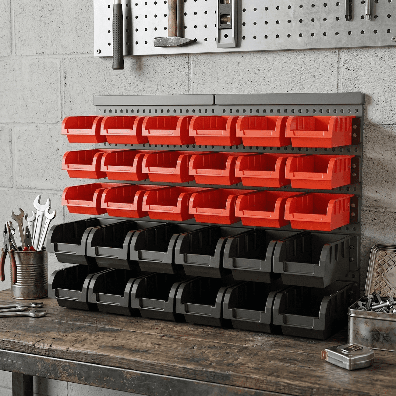 Wall Mounted Storage Bins 30PCS, Garage Parts Organizer with Hanging Panels, Plastic Nut & Bolt Screw Organizer, Small Parts Storage Bin Rack System for Workshop Garage Organization (Red/Black)