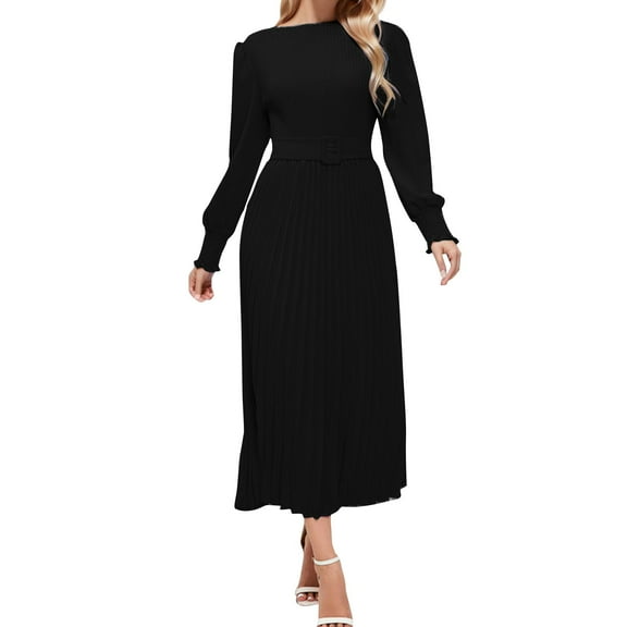 XINSDOAKK Maxi Dresses for Women Long Sleeve Women's 2024 Fall Midi Dress Casual Long Sleeve Pleated A Line Flowy Dresses (Black,XXL)