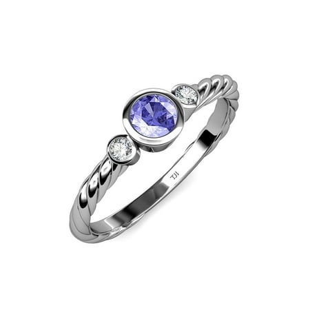 

Tanzanite and Diamond (SI2-I1 G-H) Three Stone Rope Ring 0.67 ct tw in 14K White Gold.size 8.0
