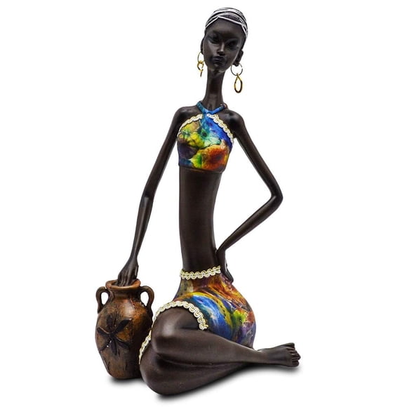 Rockin Novelty Statue African Figurine Sculpture Colorful Dress Standing Lady Statues - Collectible Art Piece 13" Inches Tall - Body Sculptures Decorative Black Figurines