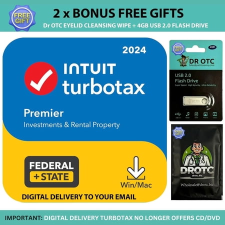 TurboTax Premier 2024 Tax Software, Federal & State Tax Return [PC/Mac Download] - BONUS FREE Dr OTC USB Drive 4GB