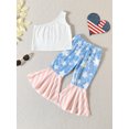 thumbnail image 3 of Arvbitana 1T 2T 3T 4T 5T Toddler Girls 4th of July Outfits Summer Letter Print One Shoulder Tank Tops and Elastic Star Stripe Flared Pants Set 2Pcs, 3 of 9