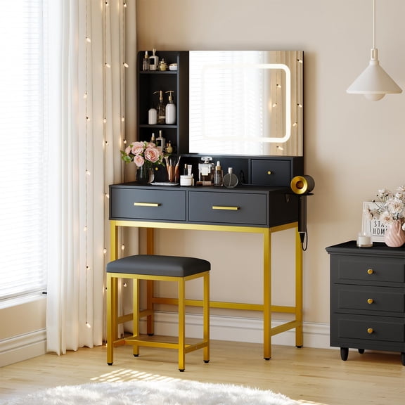 White LED Mirror Multi-drawer Makeup Vanity Desk