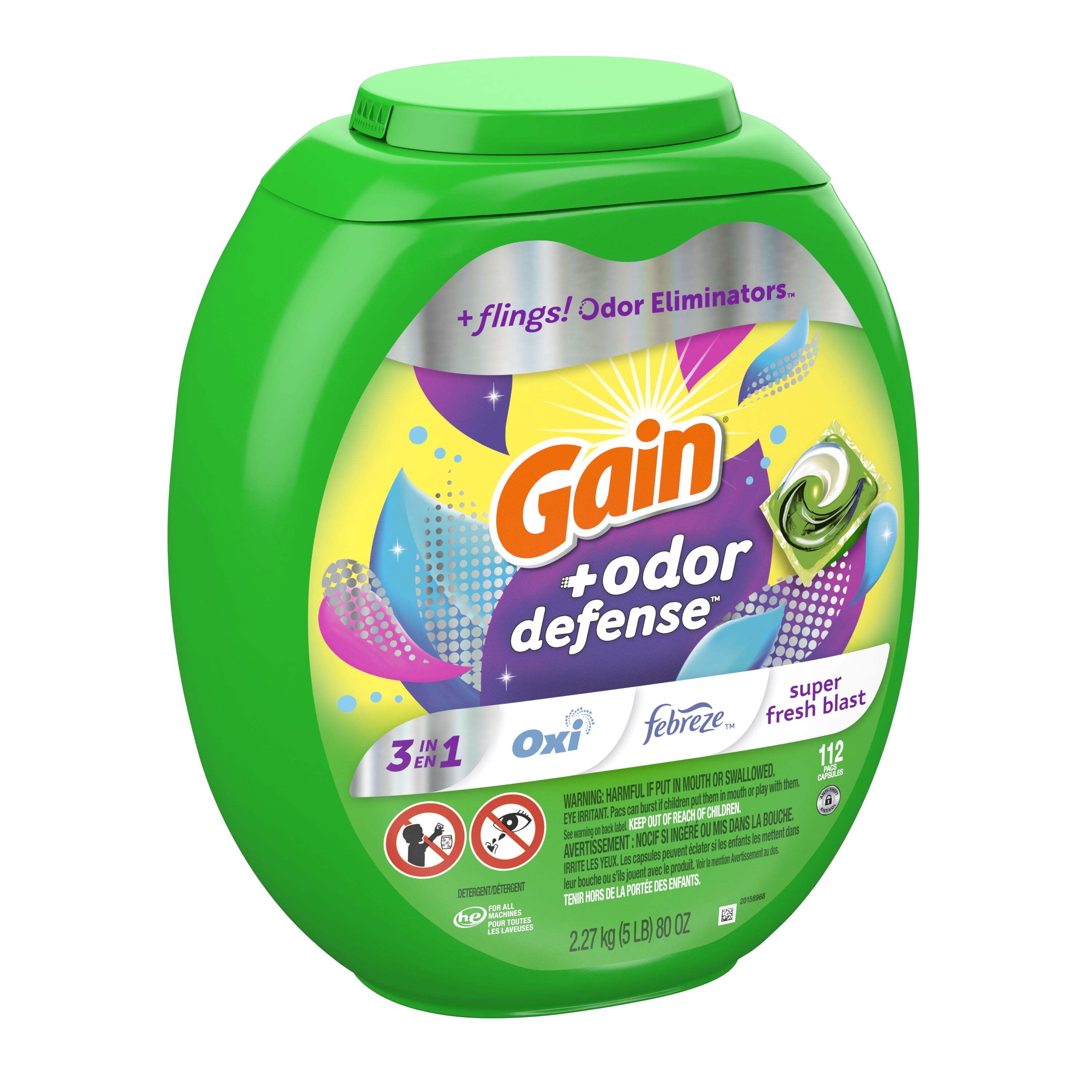 Gain Flings Laundry Detergent Pacs with Odor Defense, Super Fresh Blast Scent, 112 Count