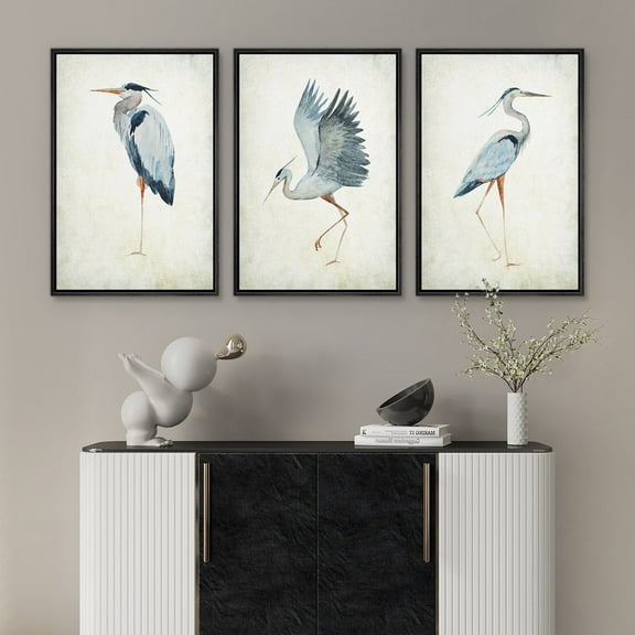 IDEA4WALL Framed Canvas Print Wall Art Set of 3 Heron Birds Prints Pastel Multicolor Animals Art Nature Wildlife Illustration Vintage Elegant Artwork for Room Decor - Black 16"x24"x3