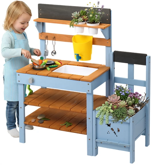 Ktaxon Outdoor Wooden Mud Kitchen for Kids, Play Kitchen with Side Planter Box, Stove Top, Faucet, Sink, Storage Shelves, Hanging Bucket, Garden Playset for Boys Girls 3 