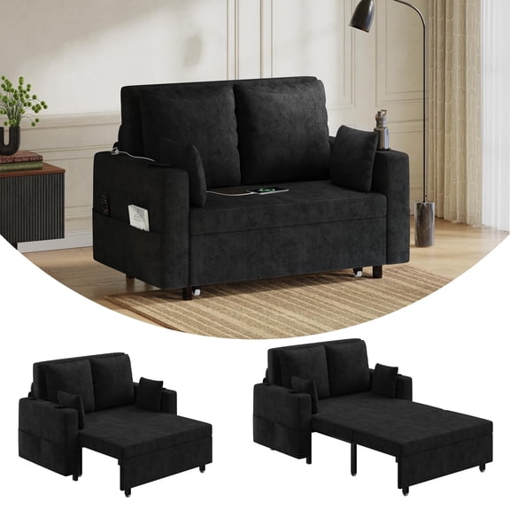 Garvee 3-in-1 Pull-Out Loveseat Sleeper Sofa Bed – 56" Convertible Full Size Couch with Cup Holders & USB Charging Port – Modern Living Room Furniture for Apartment or Bedroom or Home Office – Black
