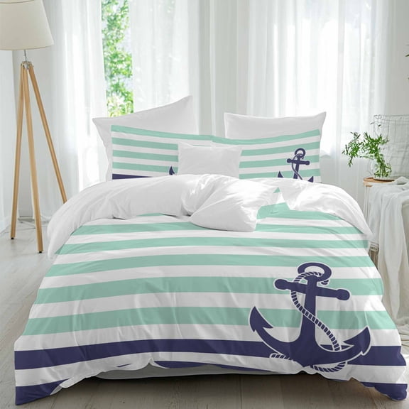 3 Piece Anchor Aqua Duvet Cover Set Full Size, Microfiber Comforter/Quilt Cover with Corner Ties and 2 Pillowcases, Modern Navy Blue White Striped Nautical All Season Soft Bedding with Zipper Closure