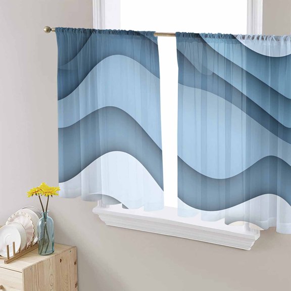 Blue Beige Ombre Semi Sheer Curtains 45 Inch Length 2 Panels Set, Modern Abstract Moire Art Geometric Sheer Kitchen Curtain Privacy Voile Window Curtain for Living Room Bedroom Rod Pocket Drapes