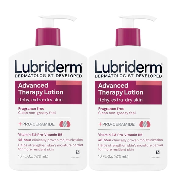 Lubriderm Lotion Hydratante pour les Mains et le Corps Sans Parfum Advanced Therapy + Pro-Céramide avec Vitamines E et Pro-Vitamine B5, Hydratation Intense pour Peau Très Sèche, Paquet Double, 2 x 16 fl. oz