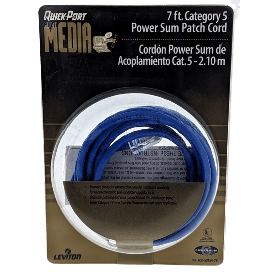 Leviton Blue Cat 5 7 ft Ethernet LAN Patch Cord Network Cable Cat5 52454-7R
