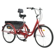 TUOKE Versatile 26-Inch 3-Wheel Adult Tricycle with 7-Speed Transmission and storage Basket for Ultimate Convenience and Utility (RED)